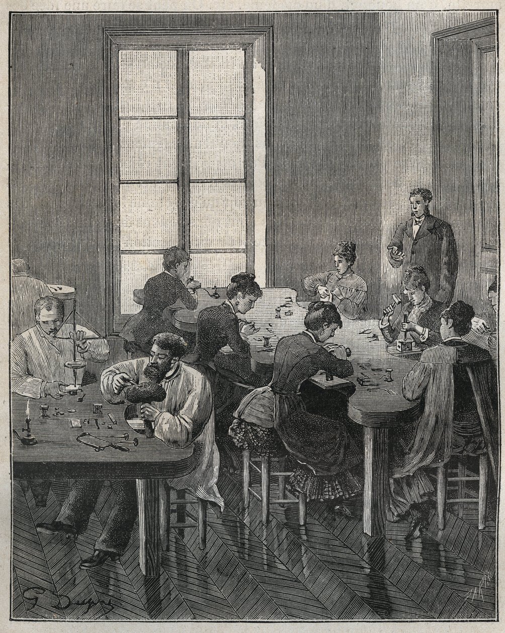 Smykkeverksted i Paris på 1800-tallet. Gravering fra 1885 i "" Les arts et metiers illustres"" av Adolphe BITARD. av French School