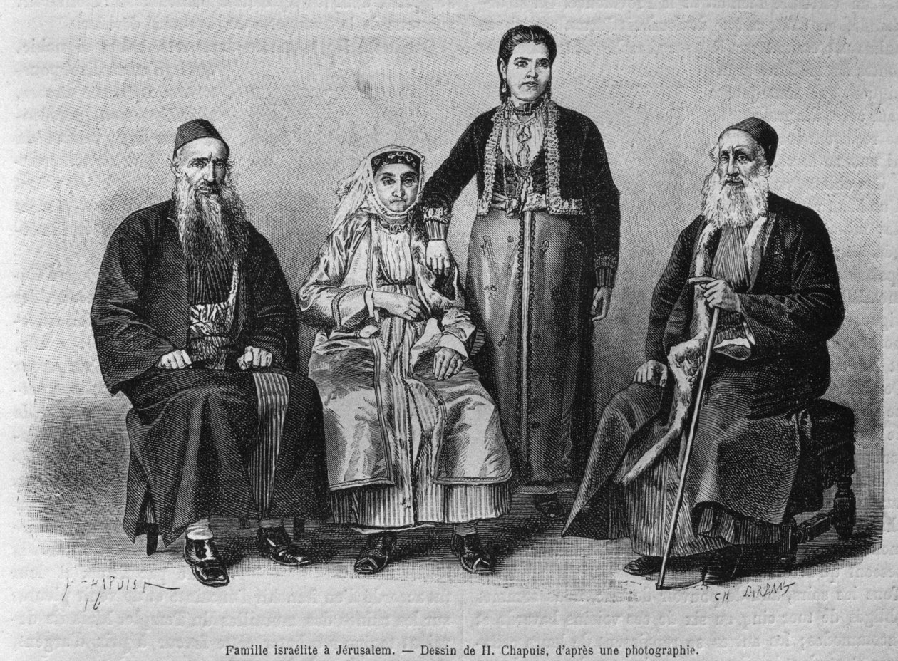 Jødisk familie i Jerusalem, fra Syria i dag. Reiser i Fønikia, Libanon og Judea. 1875-1880 av Louis Charles Emile Lortet, 1884 (bw gravering) av French School