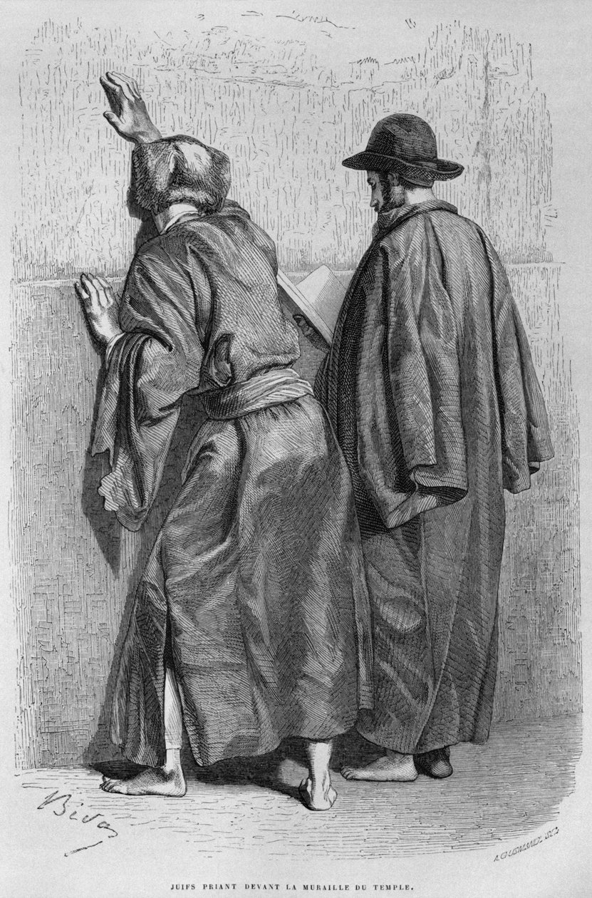 Jødiske menn ved Klagemuren, fra Syria i dag. Reiser i Fønikia, Libanon og Judea. 1875-1880 av Louis Charles Emile Lortet, 1884 (bw gravering) av French School
