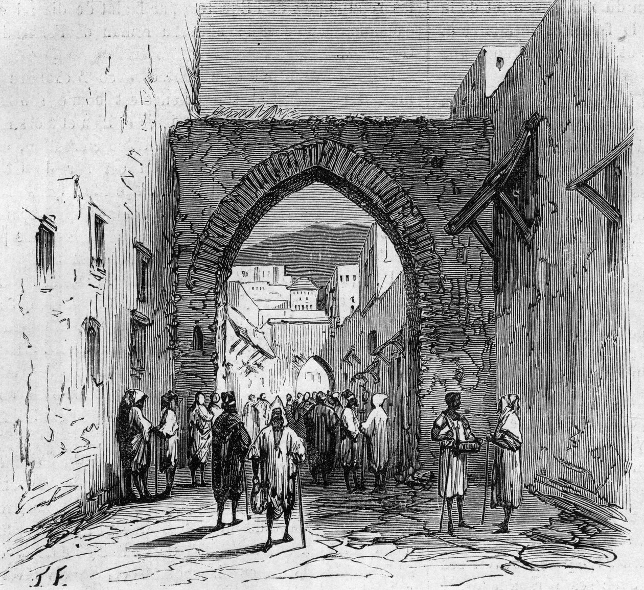 Jødisk befolkning i Tetouan (Tetouan) i Marokko: utsikt over porten til den jødiske barrioen av French School