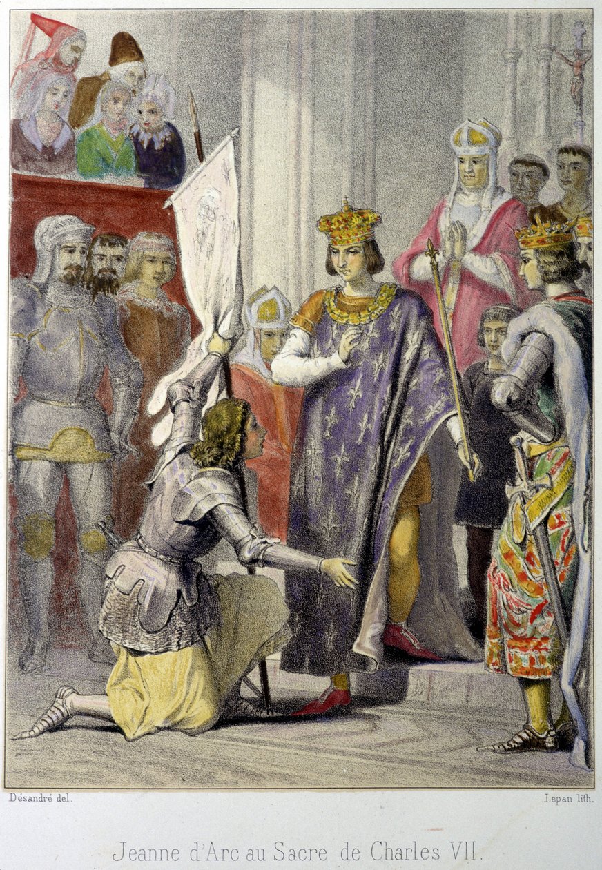 Jeanne d'Arc ved kroningen av Charles VII - litografi av French School