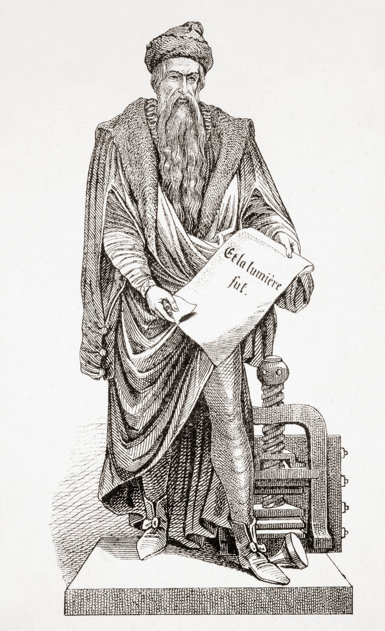Johannes Gutenberg, fra Ancient and Modern Universal History, utgitt i Strasbourg ca. 1860 (gravering) av French School