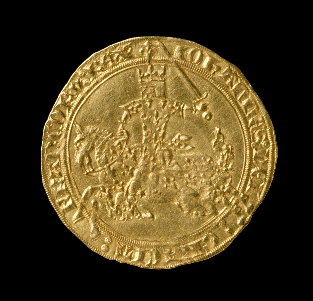 John II The Good (1319-64) Konge av Frankrike, Franc a Cheval, 1350-64 (forside) (gull) (for bakside se 168068) av French School
