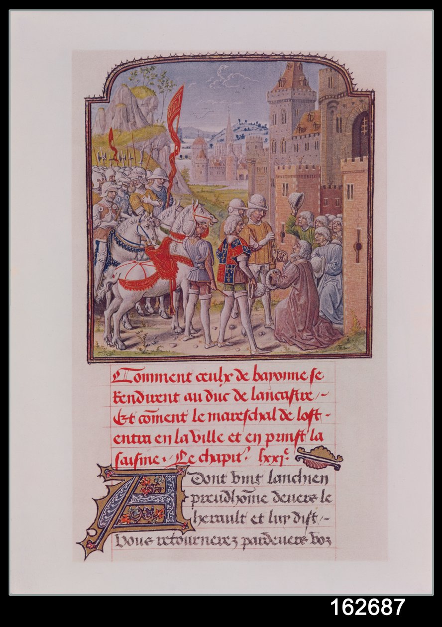 John of Gaunt ble mottatt av innbyggerne i Bayonne ved byportene, fra Froissarts Chronicle, sent på 1400-tallet av French School
