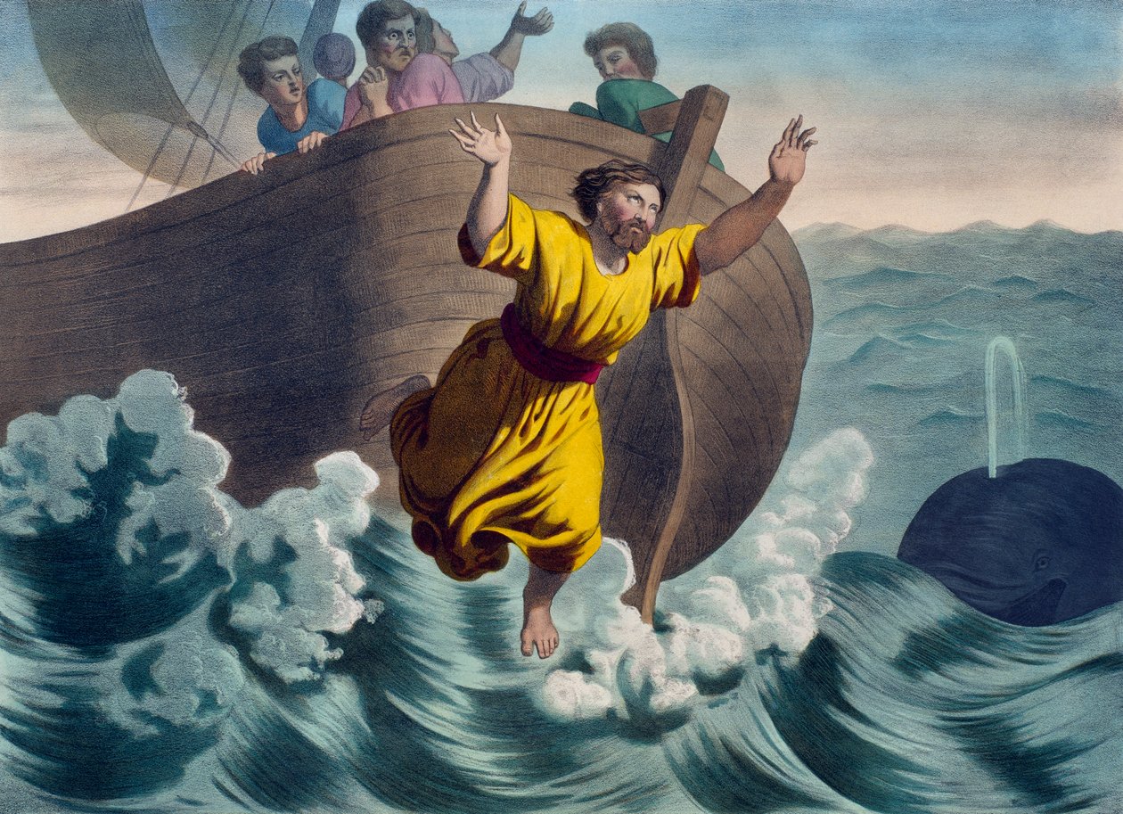 Jonah kastet i havet, illustrasjon fra en katekisme LHistoire Sainte, utgitt av Charles Delagrave, Paris, sent på 1800-tallet av French School