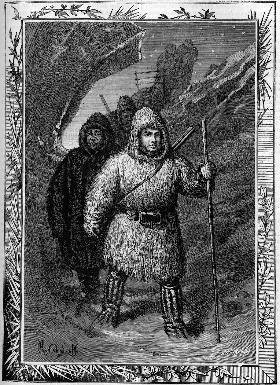Joseph Rene Bellot (1826-1853) set out to search for Captain William Kennedy near Leopold in Hudson Bay. Engraving in the illustrious journal “” La jeunesse”” av French School