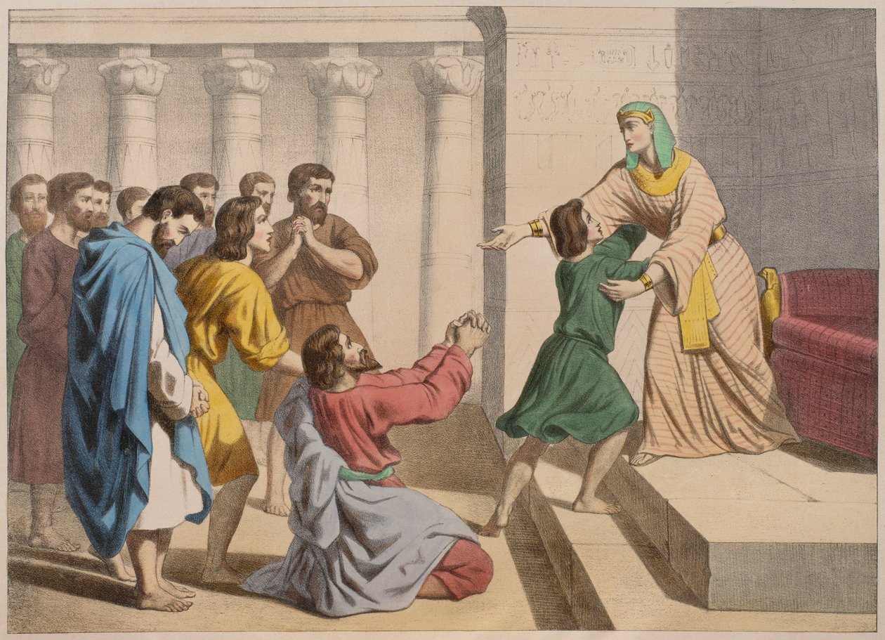 Joseph allows himself to be recognised by his brothers, illustration from a catechism LHistoire Sainte, published by Charles Delagrave, Paris, late 19th century  av French School