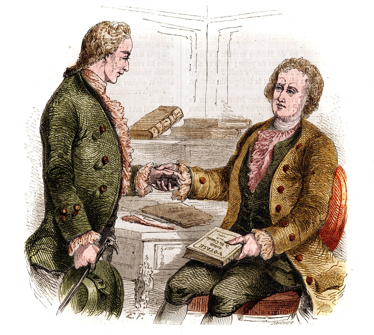 Joseph de Maistre (1753-1821), fransk politiker, forfatter og filosof, og grev Xavier de Maistre (1763-1852), fransk offiser og forfatter med det første eksemplaret av "Reisen rundt rommet mitt". Skogtegning. Gravering fra 1852. av French School