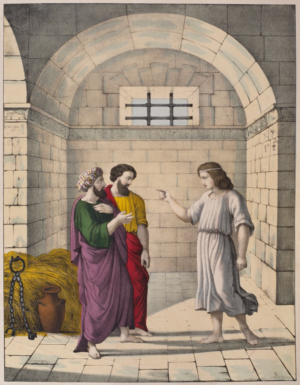 Joseph i fengsel som forklarer drømmene til sjefsbakeren og hovmesteren, illustrasjon fra en katekisme LHistoire Sainte, utgitt av Charles Delagrave, Paris, sent på 1800-tallet av French School