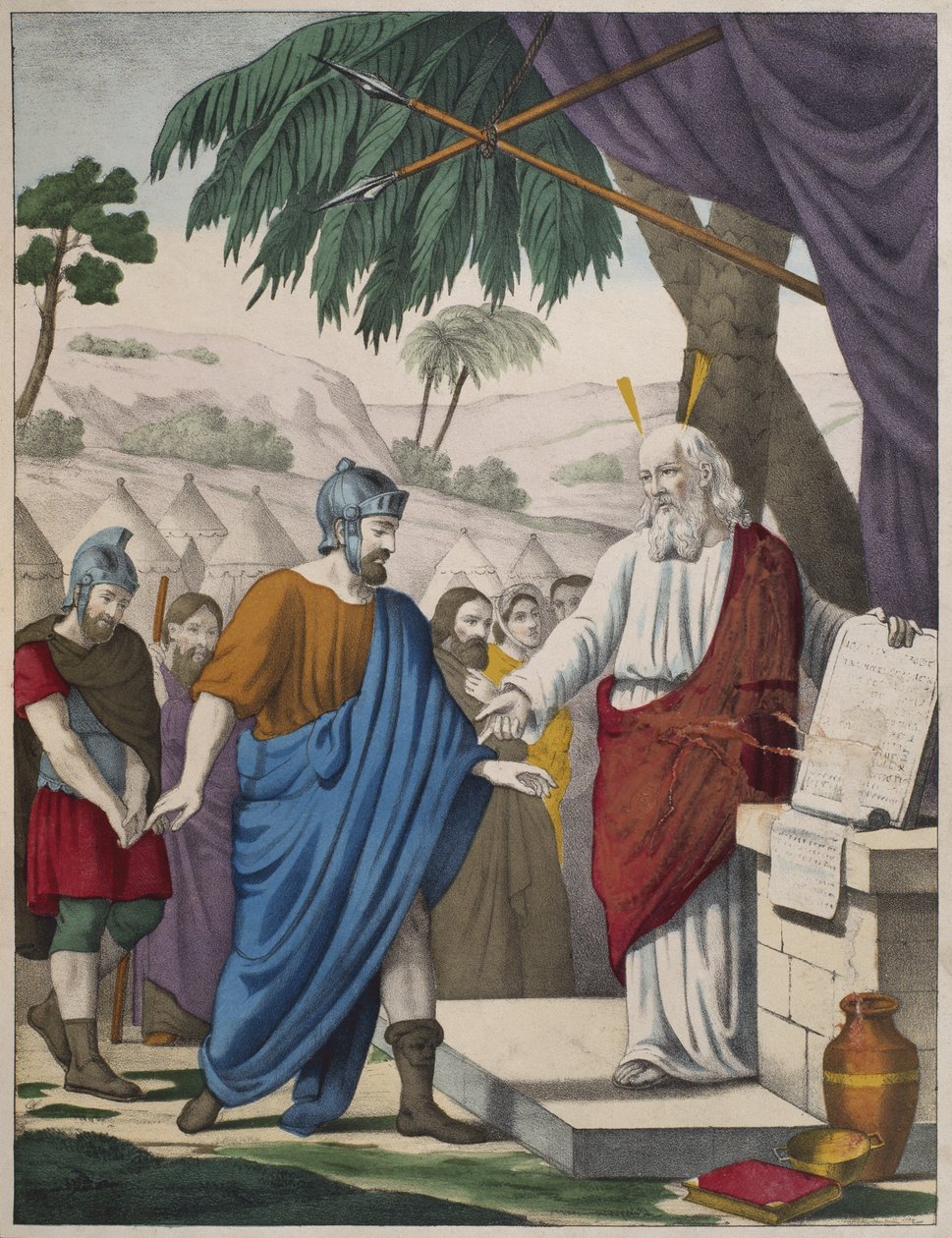 Joshua utnevnt av Moses til hans etterfølger, illustrasjon fra en katekisme LHistoire Sainte, utgitt av Charles Delagrave, Paris, sent på 1800-tallet av French School