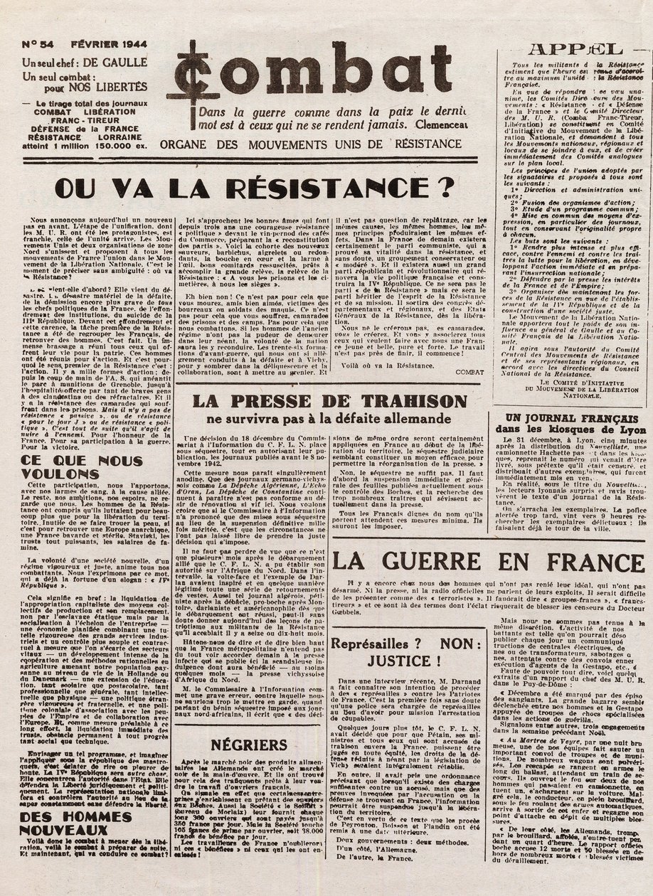 Journal COMBAT - number 54 - February 1944 - organ of the united resistance movements. (clandestine newspaper) - Where will the resistance go av French School