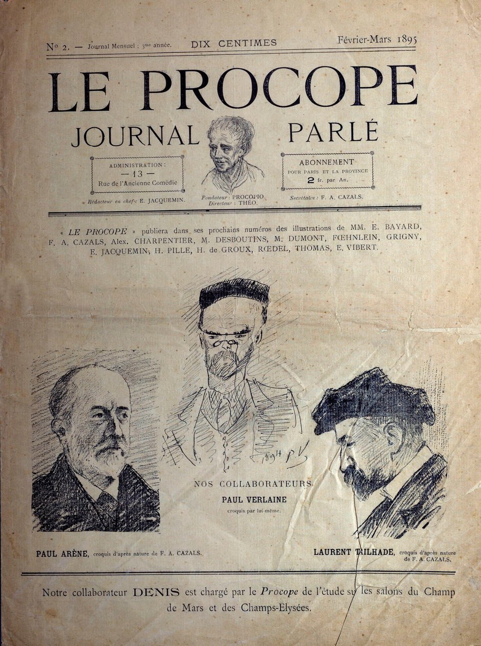 Journal du Proope, Parisisk kafé, februar 1895: portretter av de franske poetene Paul Verlaine, Paul Arene og Laurent Tailhade. av French School