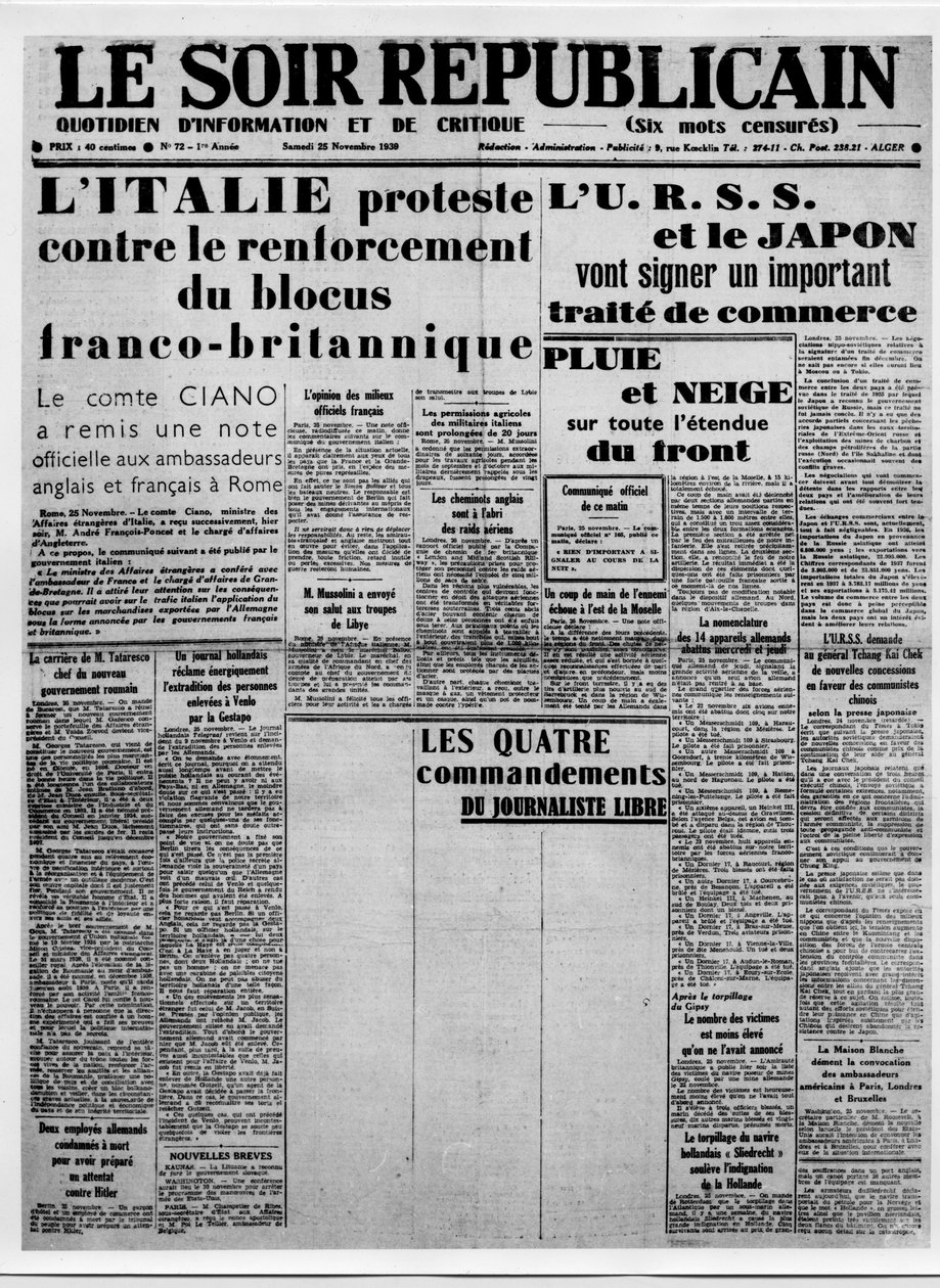 Journalistikk. Pressensur under krigen: hvite spalter for artikkelen med tittelen "Den frie journalistens fire bud"". Overskriftene: «Italia protesterer mot styrkingen av den fransk-britiske blokaden», USSR og Japan vil signere en i av French School