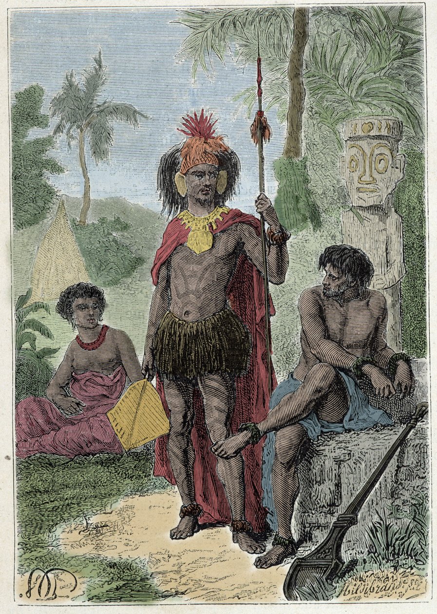 Journey of Captain James Cook (1728-1779): innfødte på Marquesas-øyene - illustrasjon hentet fra "The Great Mariners of the 18th century"" av French School