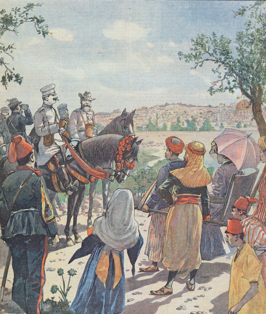 Reise til Kaiser Wilhelm II (1859-1941) til Palestina. The Arrival in Jerusalem, fra en avis, 2. november 1898 av French School