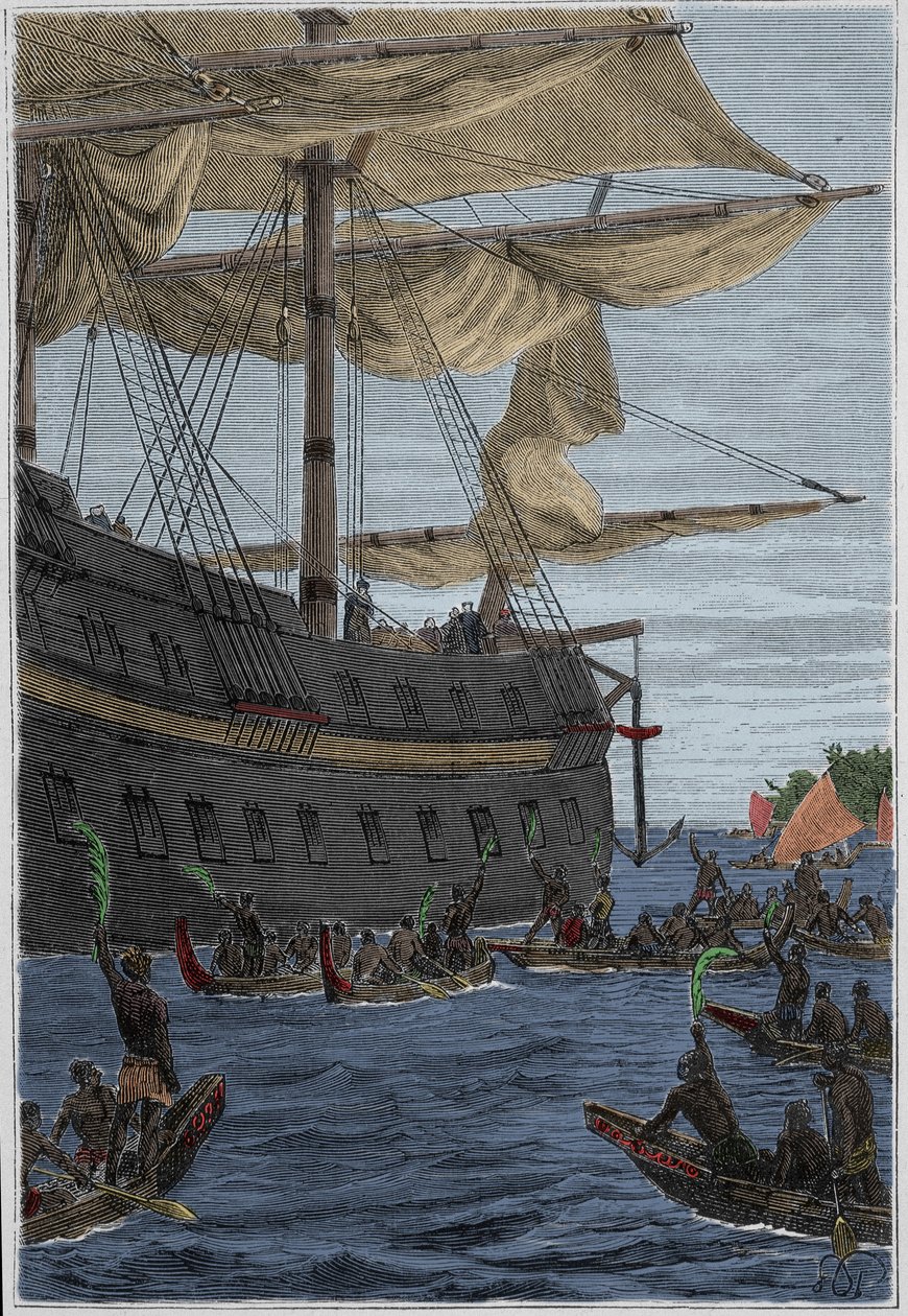 Reisen til Samuel Wallis (1728-1795) til Polynesia: urbefolkning som holder banangrener i hånden som en velkomsthilsen - illustrasjon hentet fra "The Great Mariners of the 18th century"" av French School