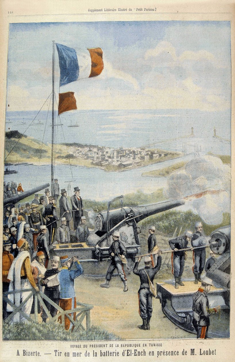 Republikkens presidents reise til Tunisia: til Bizerte, skyting til sjøs fra batteriet til El-Ench i nærvær av Mr. Loubet - i "" Le Peute Parisien""" av 03.05.1903 av French School