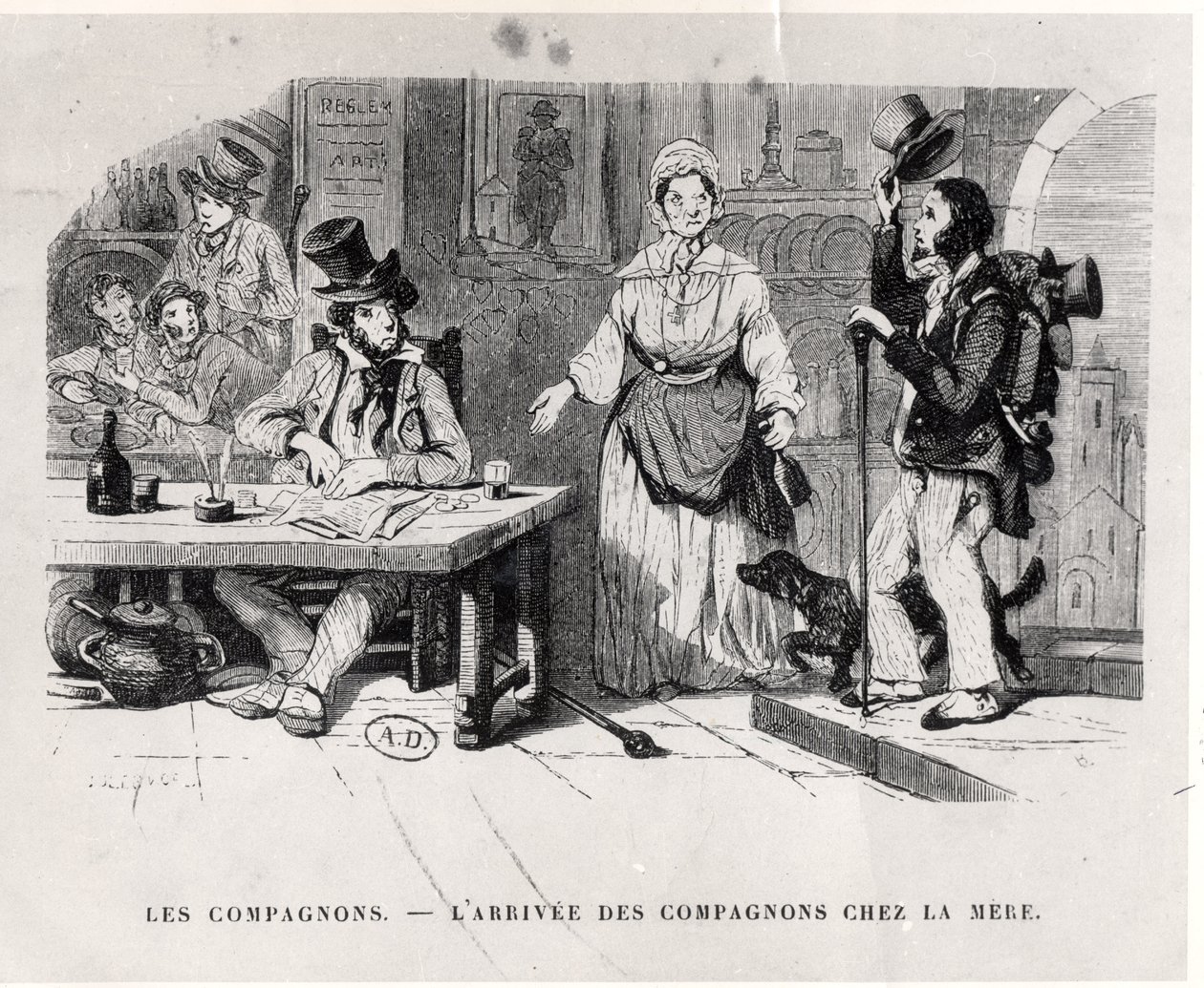 Reisemann som ankommer et pensjonat, ca. 1850 av French School