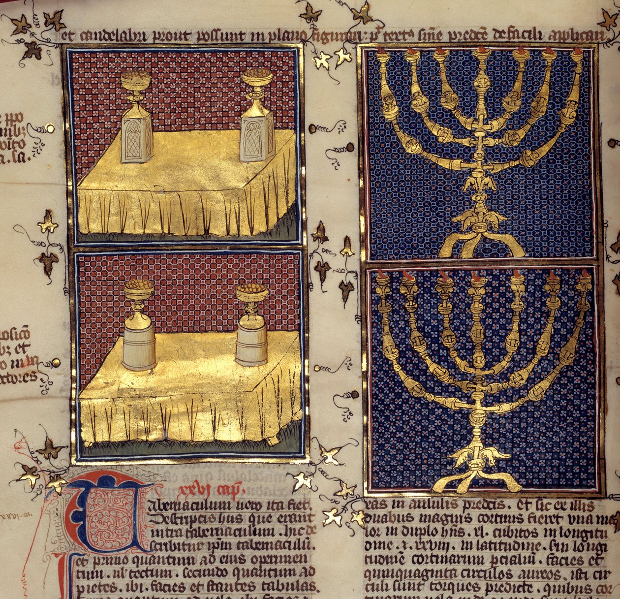 Jødedom: "" forslagstabeller og lysestaker brukt i hebraiske ritualer""" Miniatyr hentet fra "" Kommentarer fra Bibelen"" av Nicholas de la Lyra (1200-tallet) av French School