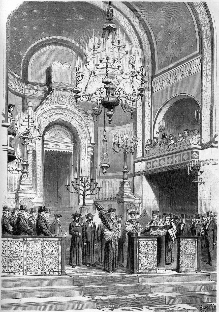 Jødedom: høytidelig mottakelse av overrabbineren i Paris, Zadoc Kahn (1839-1905), i synagogen på rue Notre Dame de Nazareth, 13. januar 1869. Overrabbineren innførte ""Bønnen for keiseren"". Gravering i ""The Illustrious World"" nr. 615 av 23 ja av French School