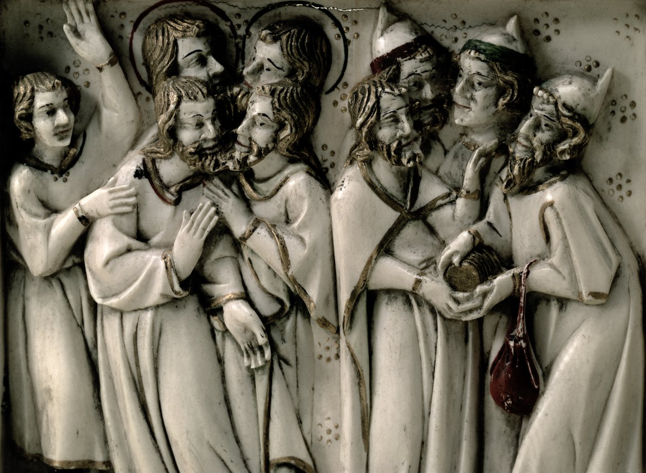 Judas mottar tretti sølvstykker, detalj av elfenbensdiptyk, fransk av French School