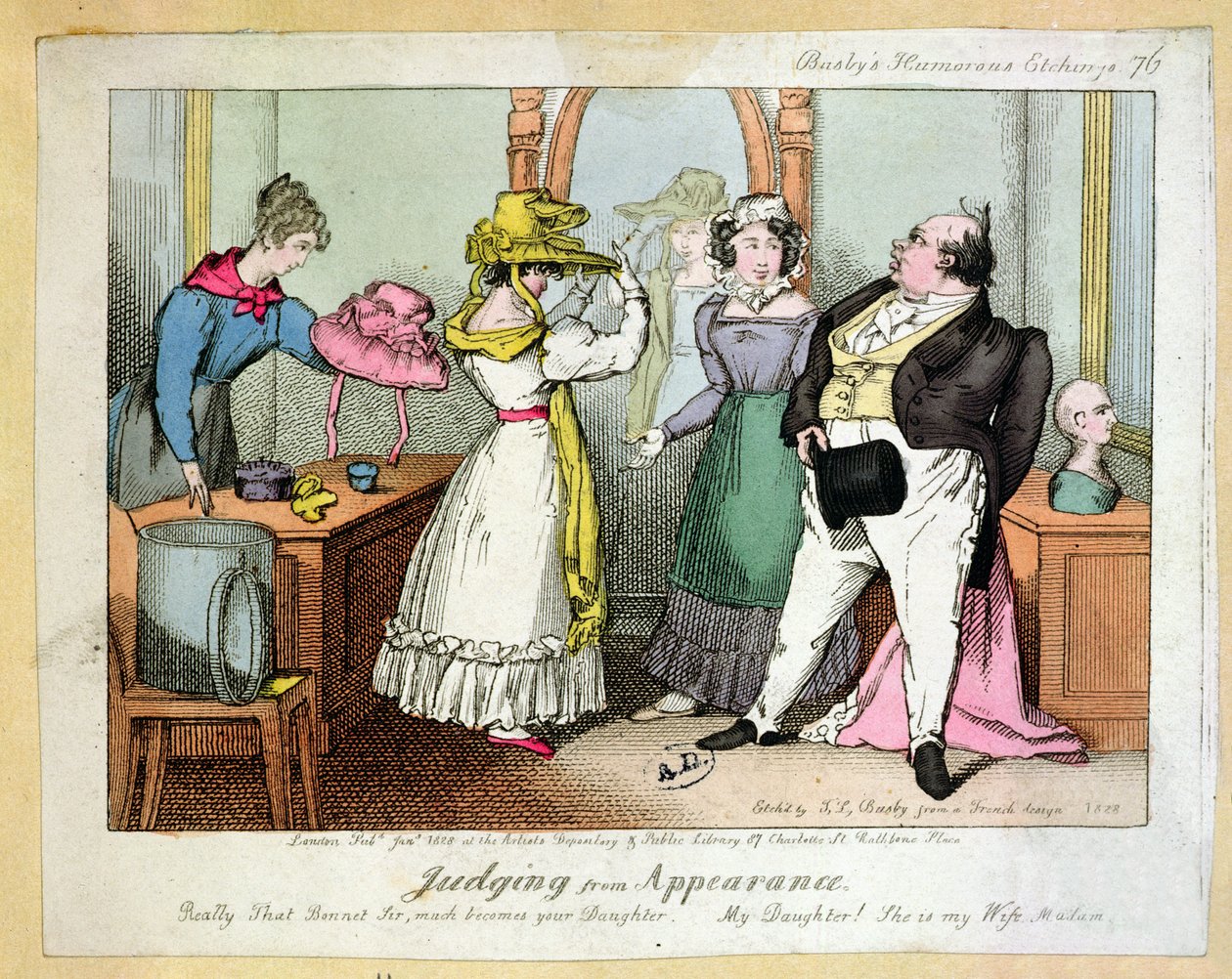 Ut fra utseende å dømme, nummer 76 av Busbys Humorous Etchings, gravert av Thomas Busby (fl.1804-21) 1828 av French School