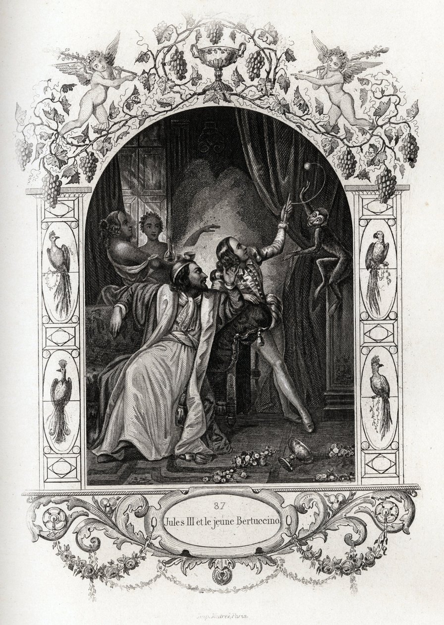 Julius III (julius eller Iulius eller Giulio) (pave fra 1550 til 1555) og den unge Bertuccino, apeshowet. Gravering for å illustrere Histoire des popes av Maurice Lachatre (1814-1900), librairie du progres, Paris. av French School