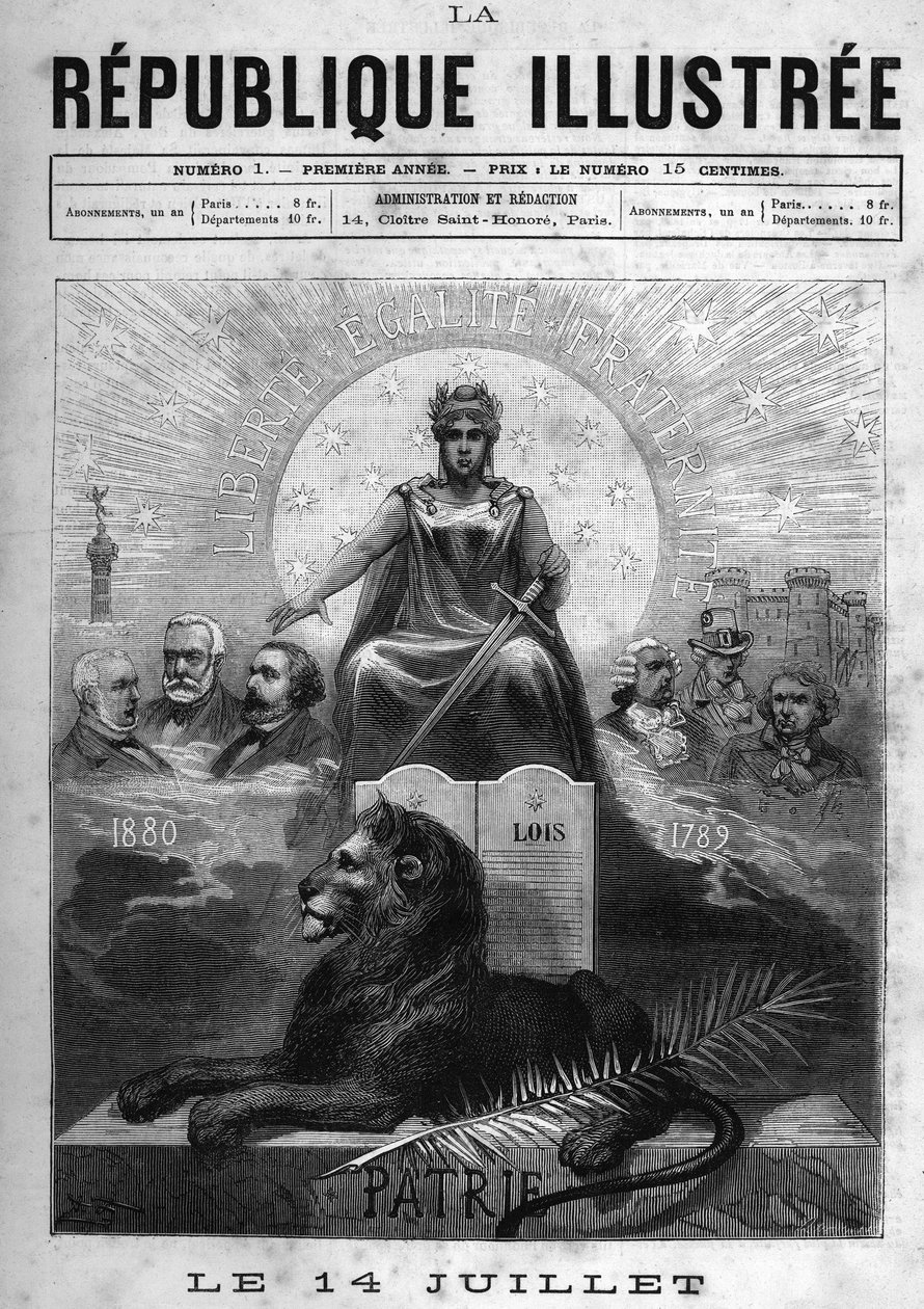 14. juli: Allegorie de la Republique Francaise. En kvinne kronet med laurbær og holder et sverd. Ved føttene hans, en løve, en håndflate og lovens bord. Over det, mottoet til republikken "" Liberte, Equality, Fraternity "". På oddsen, intellektuell og poli av French School
