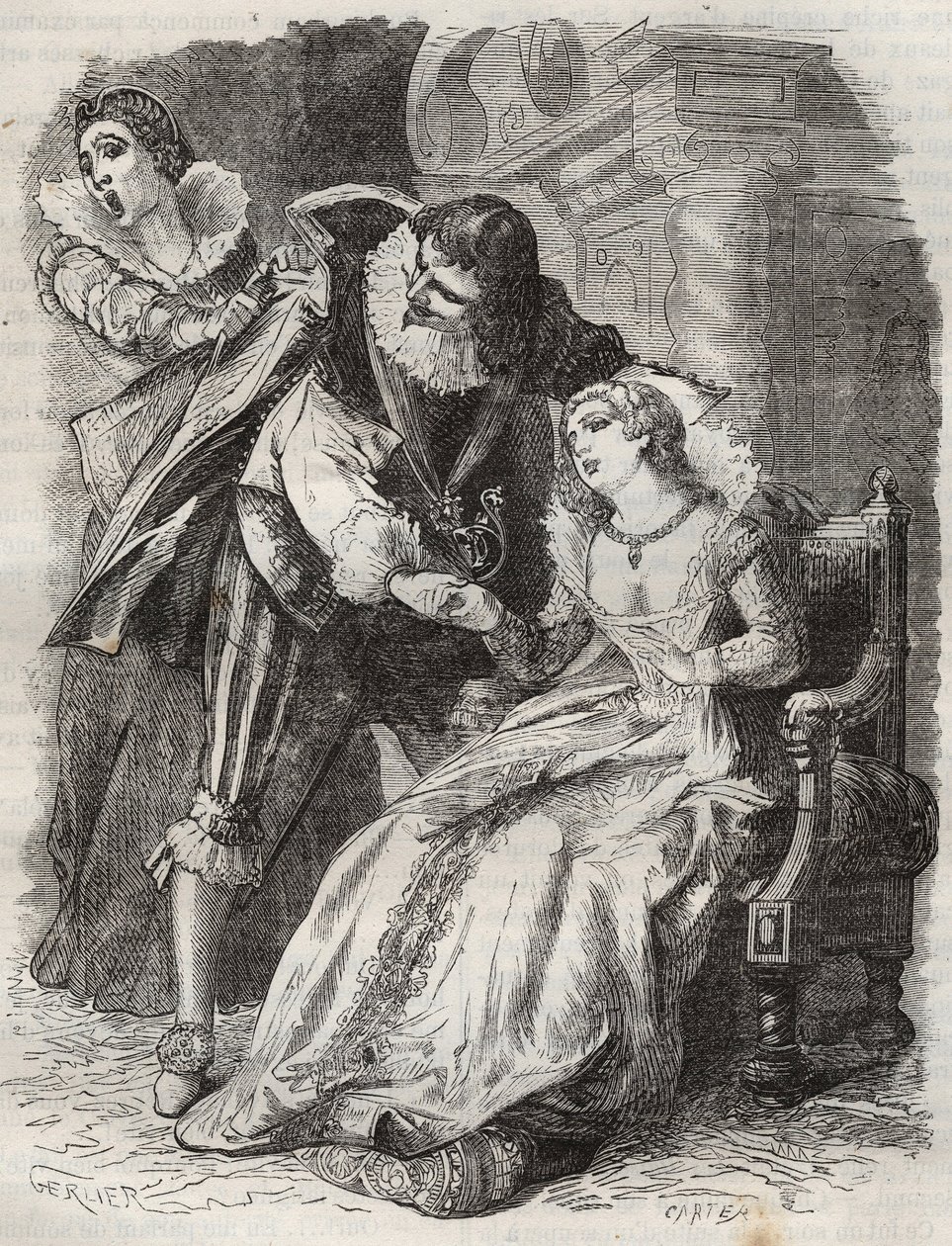 Jumping like a furious, grabbing the duke by his coat... Queen of France Anne of Austria (1601-1666) and the Duke of Buckingham (George Villiers av French School