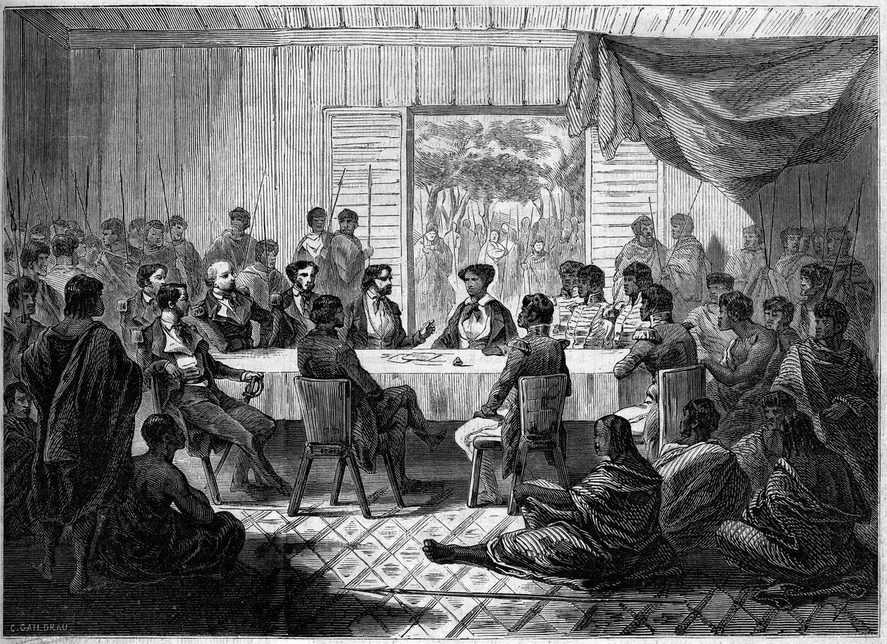 Kabar (meeting) of French officers and Malagasy chiefs representing Queen Ranavalo Manjaka I (Ranavalona). Madagascar av French School