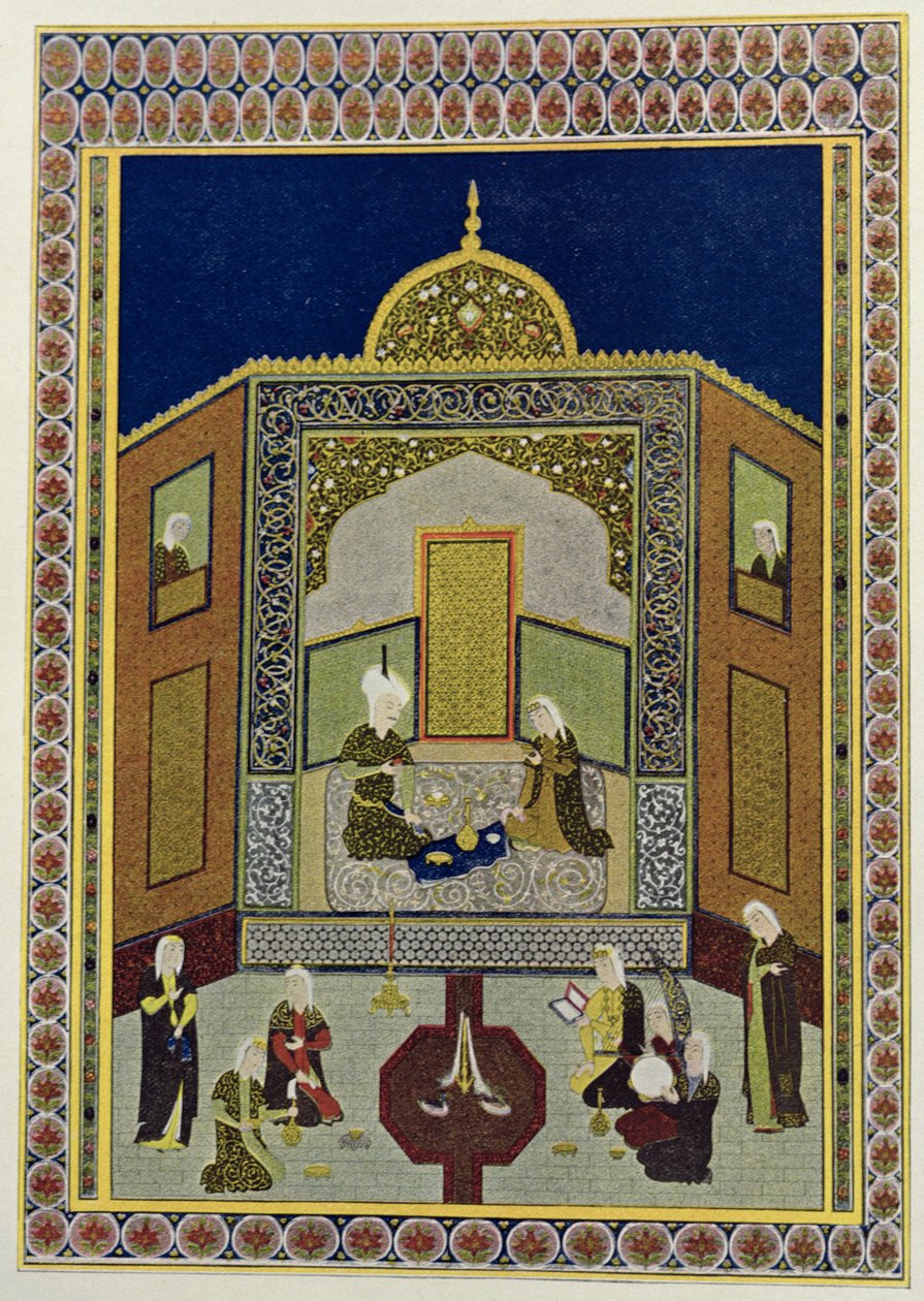 Kadi Pere-au-pet under kuppelen, illustrasjon for The Arabian Nights, 1895 (fargegravering) av French School