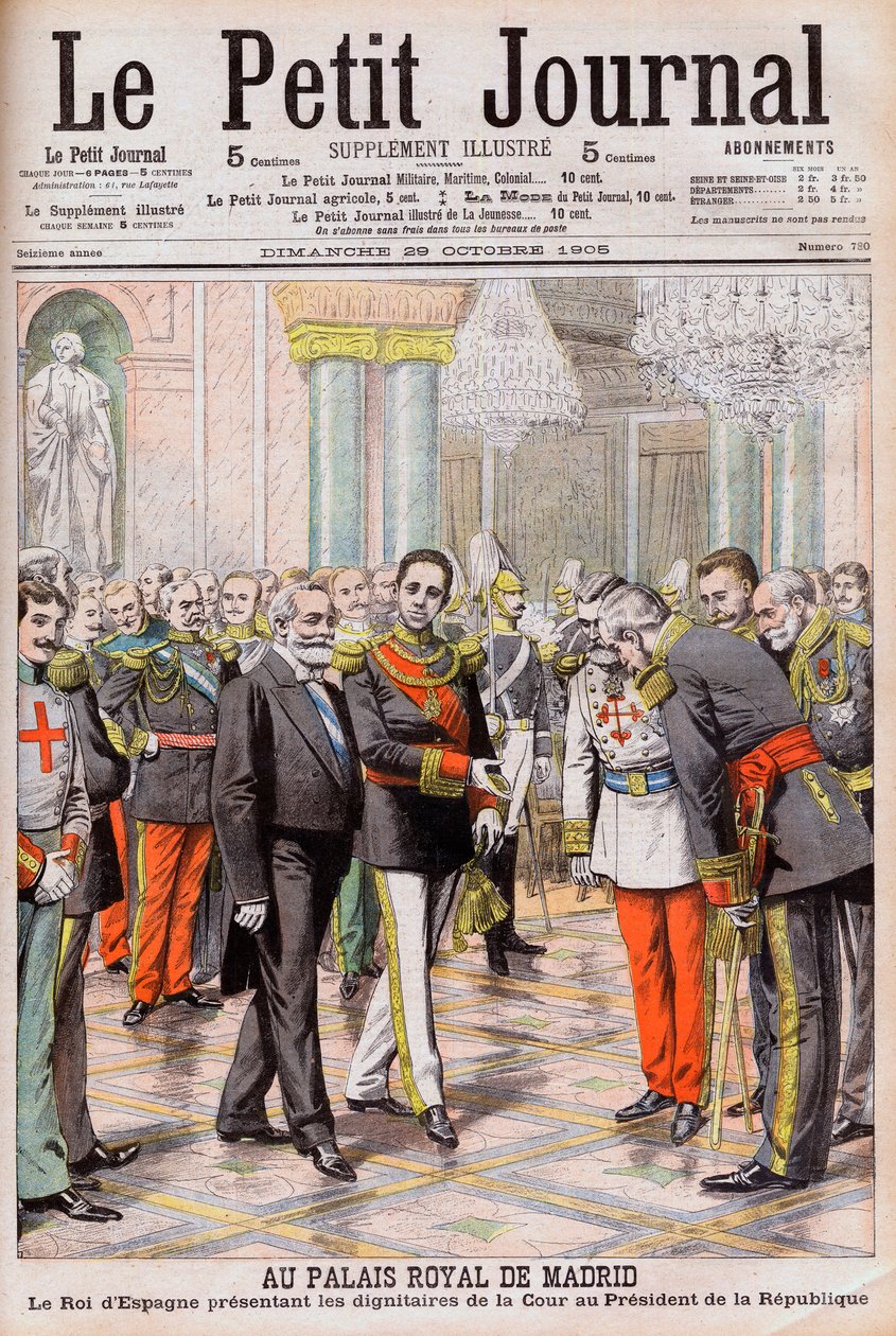 King Alfonso XIII of Spain presenting his court to President Emile Loubet of France at the Royal Palace in Madrid. At the Royal Palace of Madrid. The King of Spain Alfonso XIII presenting the dignitaries of the Court to the President of the Republic Loubet av French School