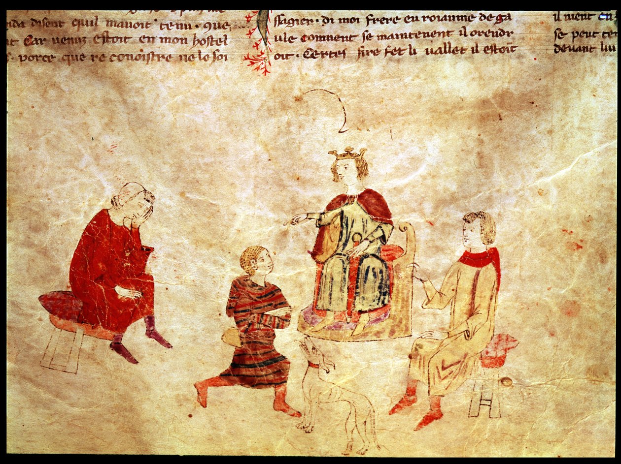 Kong Arthur på sin trone omgitt av sine rådgivere, fra Roman de Meliadus av French School