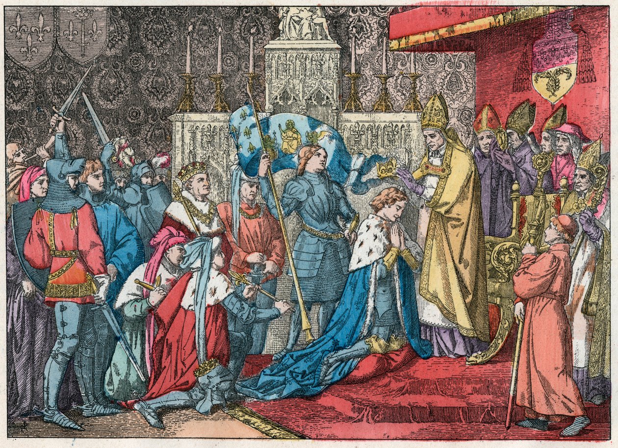 Kong Charles VII (1403-1461) mottar kronen i katedralen i Reims 17.07.1429 i nærvær av Jeanne d