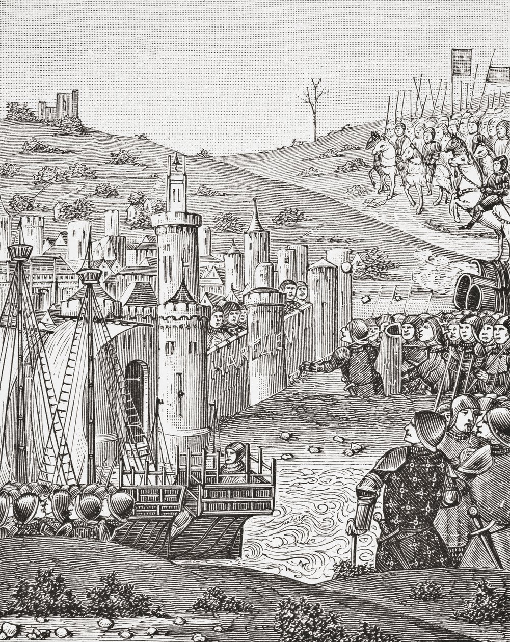 Kong Charles VII, etter å ha sluttet i Rouen, legger ut for å beleire byen Harfleur, etter en miniatyr fra 1400-tallets manuskript Chroniques de Monstrelet, fra Science and Literature in The Middle Ages av puben Paul Lacroix. London 1878 av French School