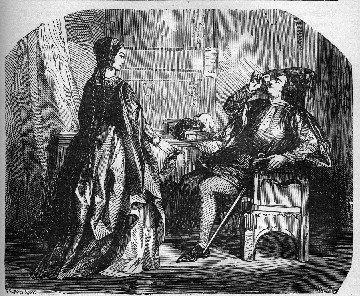 King Charles VI of France, known as Charles the Good Aime, then Charles the Fol (1368-1422) with his mistress Odinette (Odette) de Champdivers. Engraving in “The history of prostitution and debauche among all the peoples of the world from antiquity to the  av French School