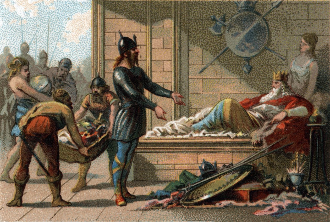 King Clovis III called Le Feneant, king of France from 691 to 695. Chromolithography around 1890. av French School