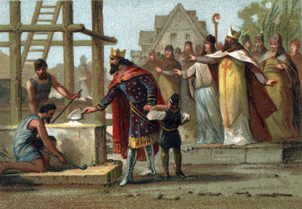 King Dagobert I (600-639) overseeing the construction of the Cathedrale Saint Denis. av French School
