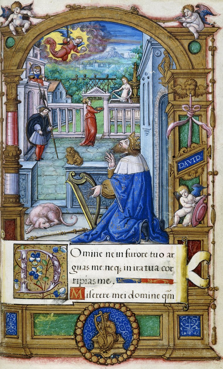 Kong David med en harpe, fra en timebok laget for Francois I, ca. 1532-1540 av French School