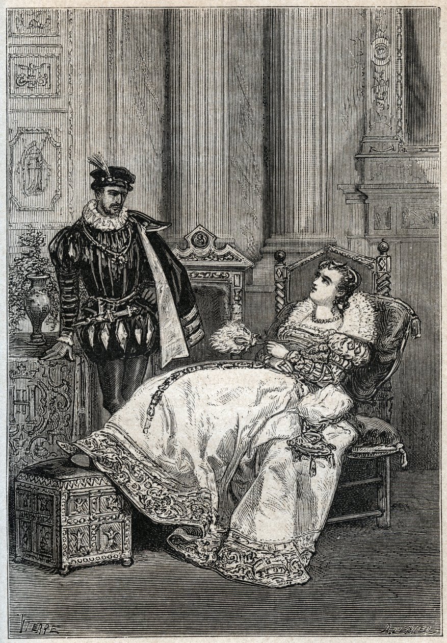 King Henry II (1519-1559) and Diane de Poitiers (1499-1566) - Henry II of France and Diane de Poitiers - engraving from “” Histoire de France” by Jules Michelet - 1876-1877 - av French School