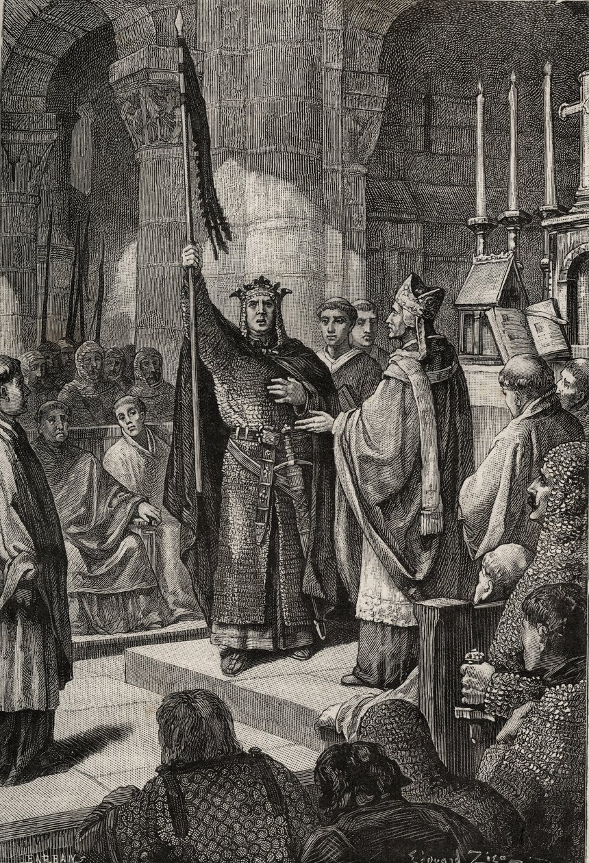 Kong Louis VII (1120-1180) tar oriflamen ved basilikaen Saint Denis (Saint Denis) i nærvær av dronning Alienor av Aquitaine og mottar humla og pannetiere av pelerin fra hendene til pave Eugene III (? -1153) før hans avgang av French School