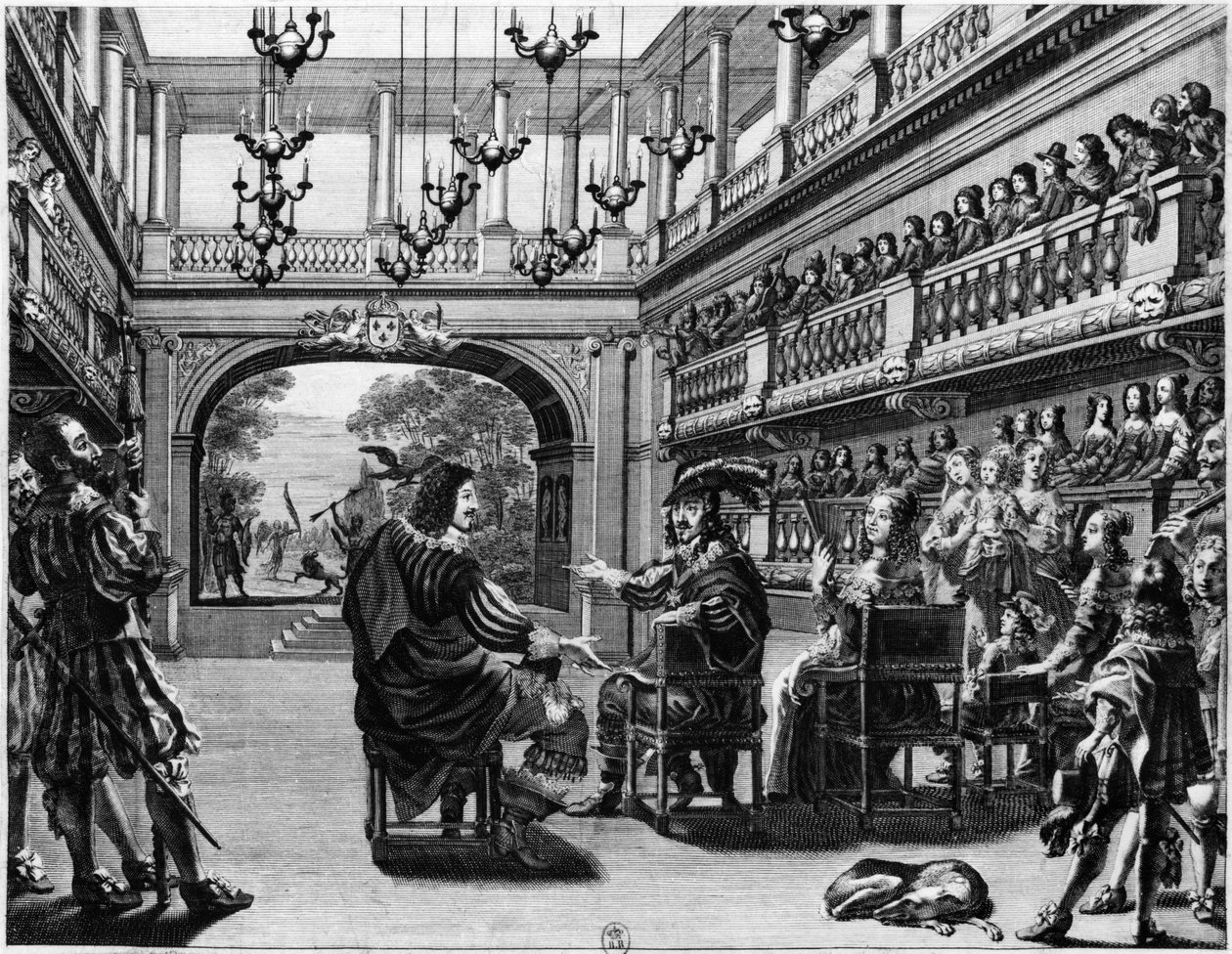 Kong Louis XIII (1601-43) og dronning Anne av Østerrike (1601-66) ved produksjonen av Mirame i Palais Cardinal, Paris, 1641 av French School