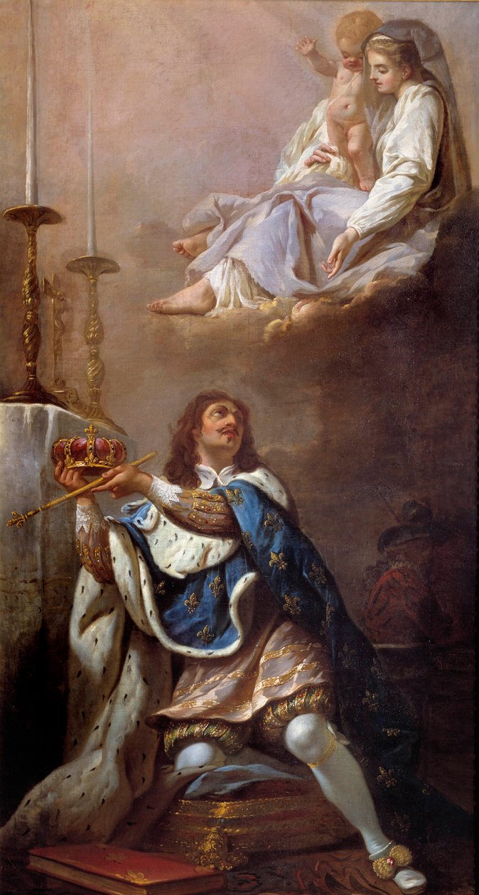 Kong Ludvig XIII tilbyr sin krone til Virgin Painting of the French School. Versailles fra 1600-tallet. Vår Frue av Versailles kirke av French School