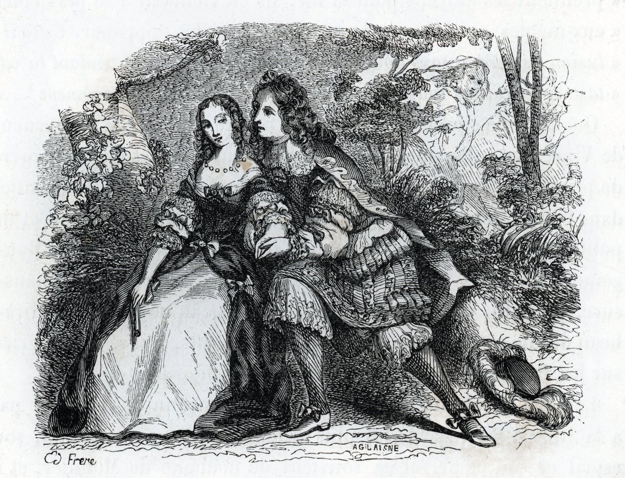 Kong Louis XIV (1638-1715) og hans elskerinne Louise de La Valliere (1644-1710) - (gravering) 1846 av French School