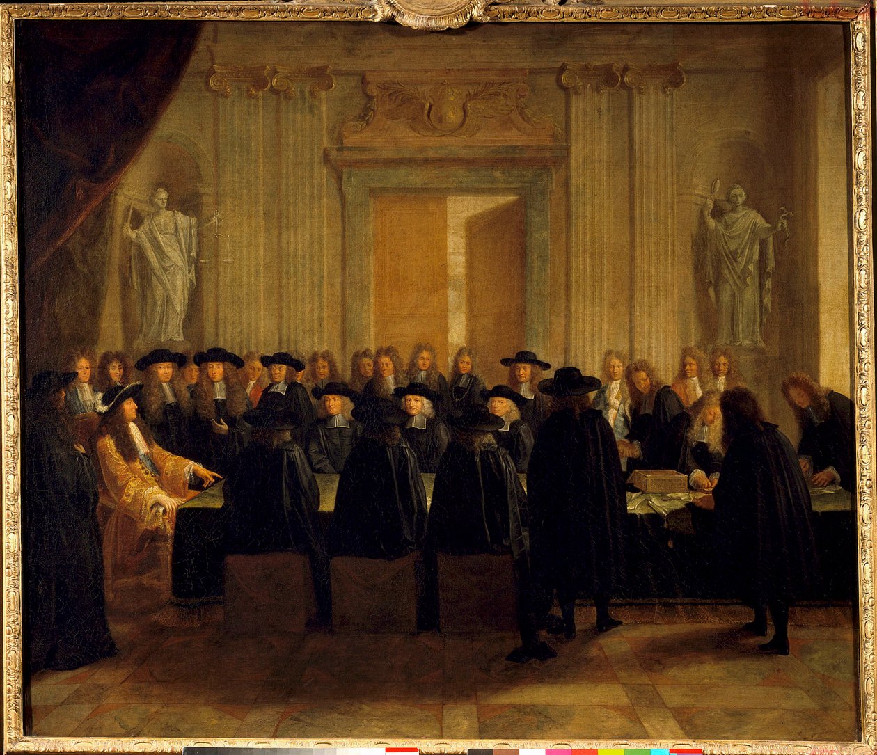 Kong Ludvig XIV (1638-1715) holdt seglene i nærvær av statsrådene og forespørselsmesteren mens han selv hadde kontoret som kansler i Frankrike mellom februar og april 1672 Anonymt maleri. 1600-tallets søn. 1,10 x 1,28 m av French School