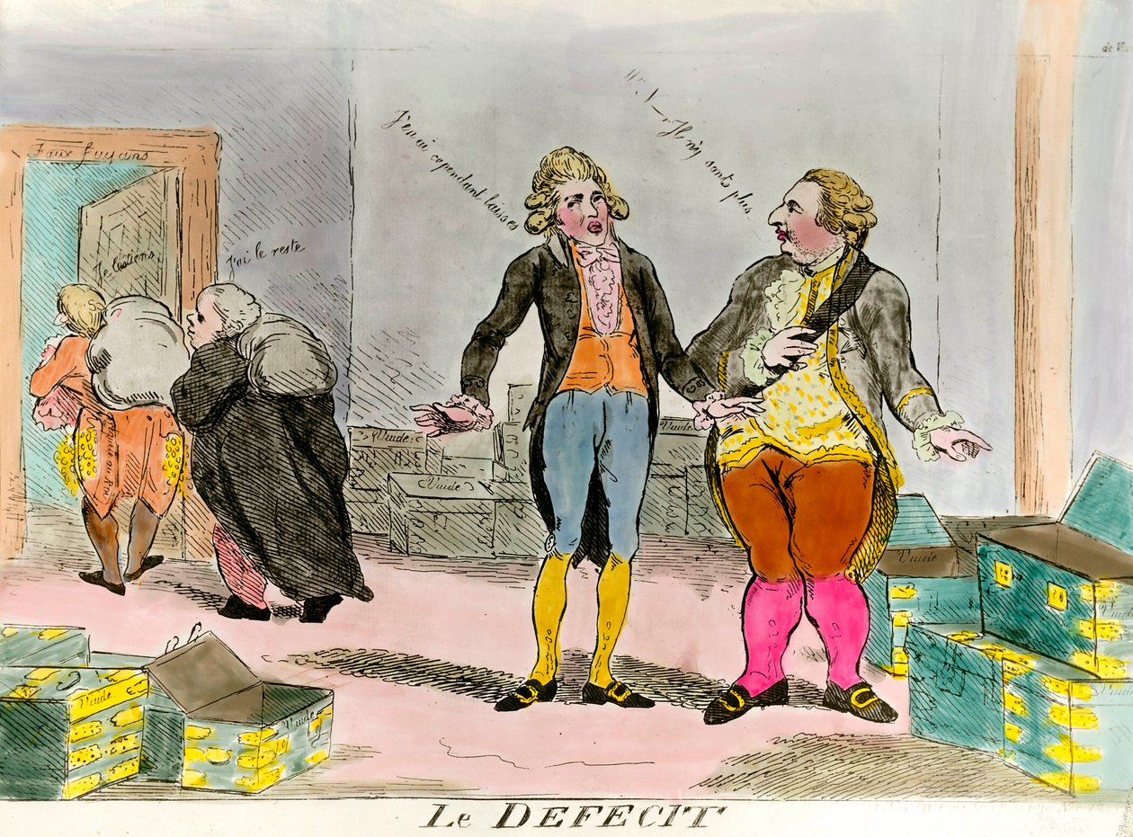 Kong Louis XVI og det økonomiske underskuddet "" de er ikke lenger der - jeg har lagt igjen noen "". Gravering fra 1700-tallet. Privat samling. av French School