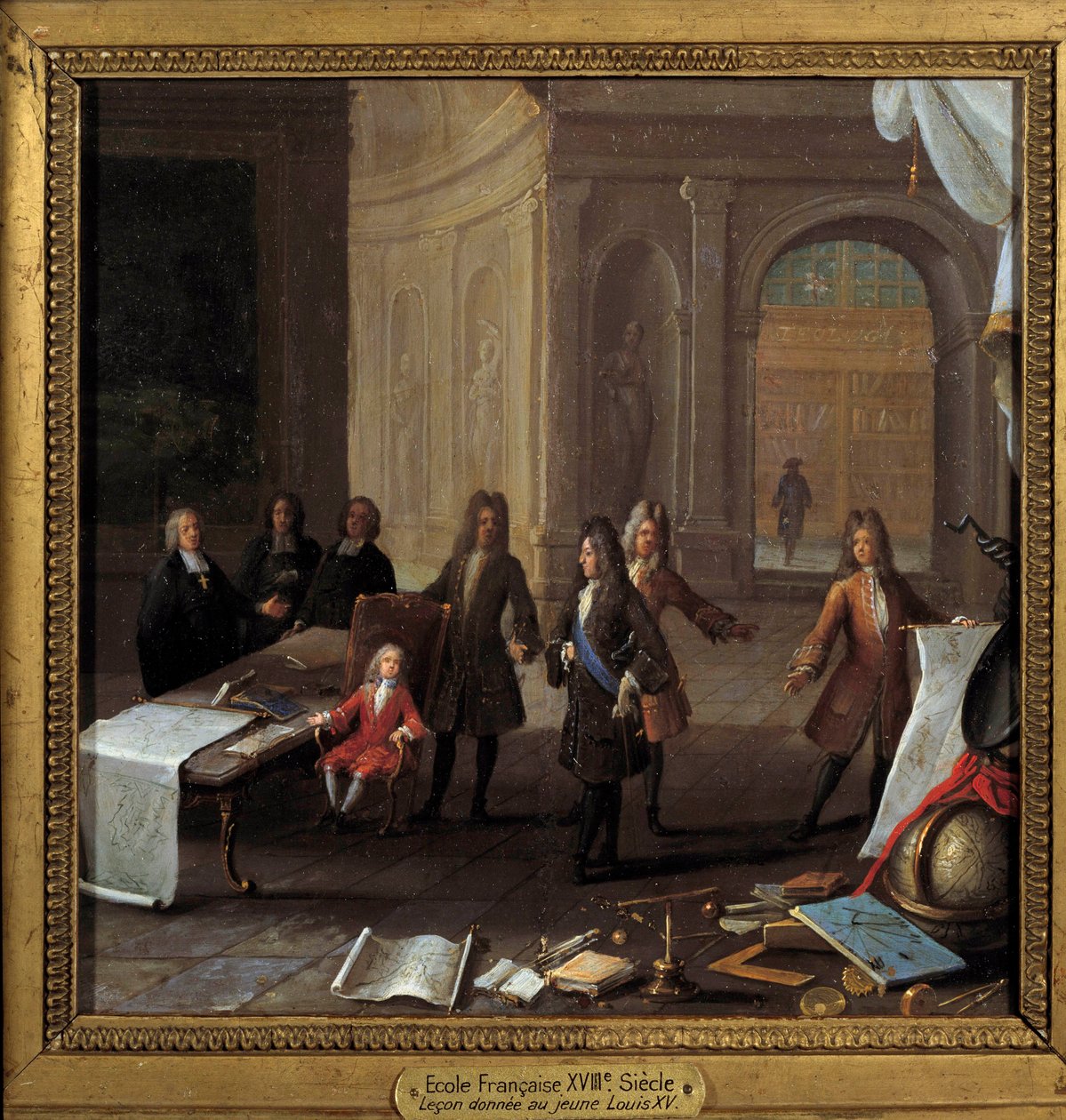 Kong Louis XV (1710-1774) barn som mottar en lekon i nærvær av kardinal Fleury og regent Philip II hertug av Orleans (1674-1723) Anonymt maleri fra 1700-tallet, olje på kobber Dim. 0,23 x 0,23 m Paris, Musee Carnavalet - Undervisningens scene for chi av French School