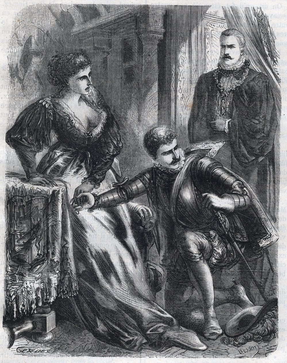 King Philip II (1527-1598) surprises his son, Prince Don Carlos (1545-1568), trying to violate his mother-in-law (stepmother), Queen Elisabeth (1545-1568) (Elisabeth of France or Isabelle of Valois), January 17 av French School