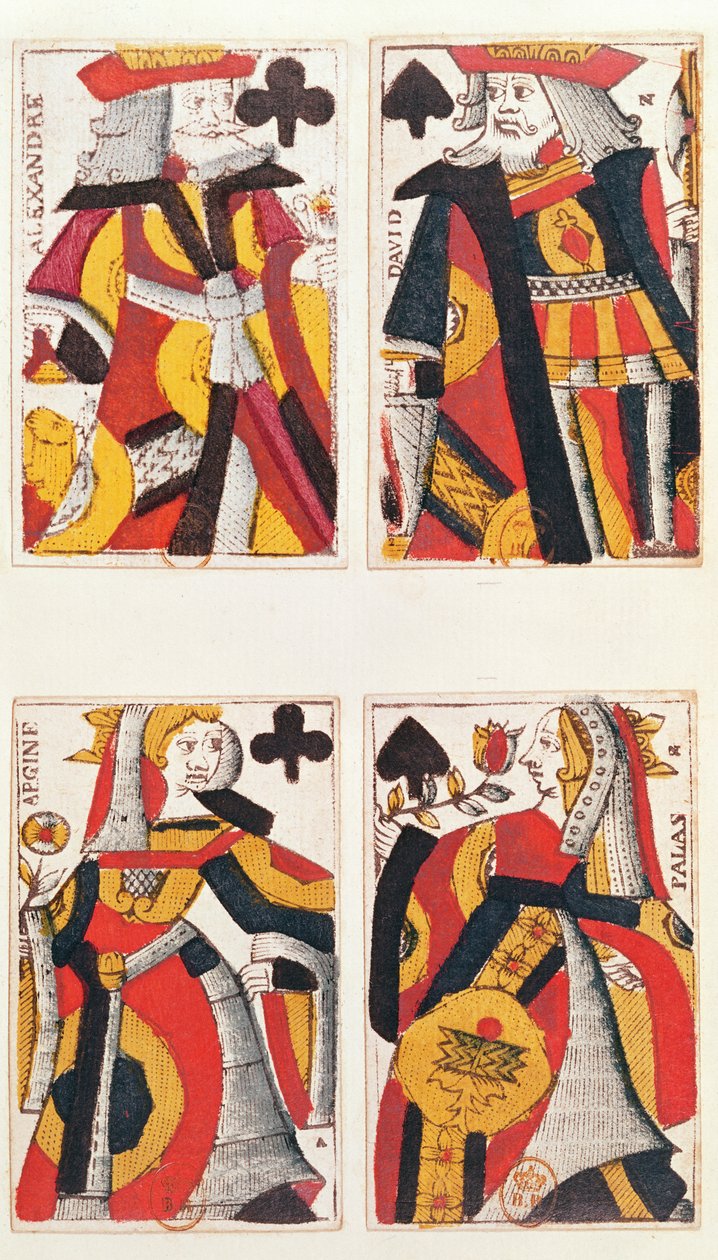Konge og dronning spillekort (farget tregravering) av French School