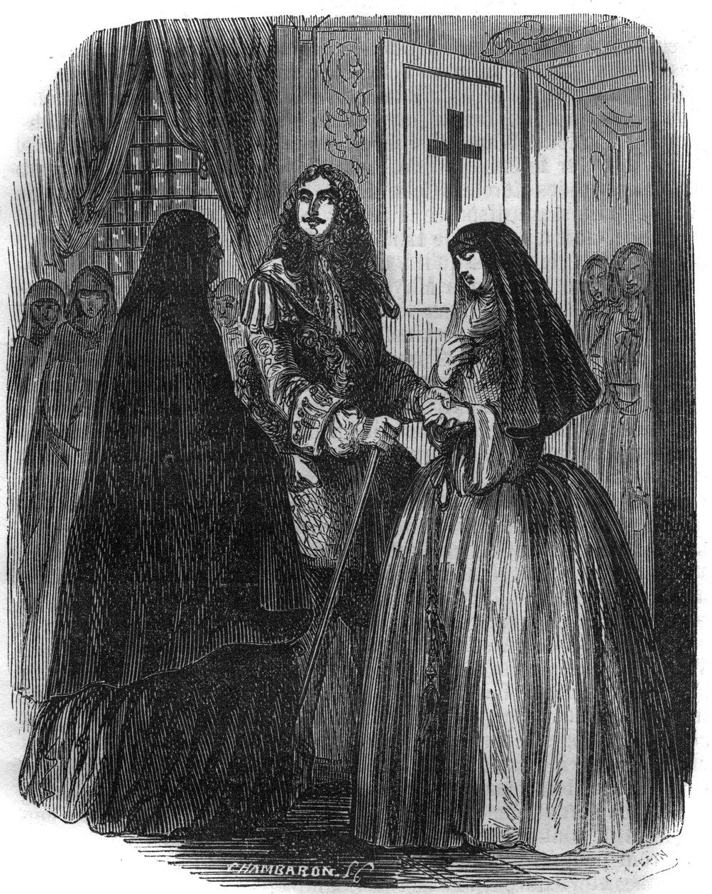 Konge av Frankrike Louis XIV (1638-1715) med Louise Francoise de la Valliere (1644 - 1710). Gravering av 1800-tallet. av French School
